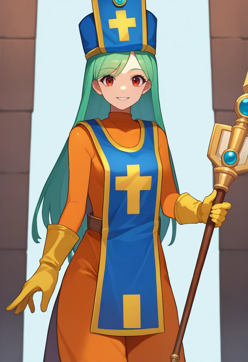 score_9, score_8_up, score_7_up, source_anime, rating_safe, solo, 1girl, dq3priest, smile, looking at viewer, holding staff, mitre, orange bodysuit, tabard, yellow gloves <lora:dq3_priest_ponyXL:1>