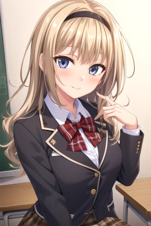 ((masterpiece)),(best quality),official art,extremely detailed CG,unity 8k wallpaper,ultra detailed,beautiful detailed eyes,extremely detailed face,classroom,1girl,solo,upper body,(portrait:1.5),looking at viewer,facing viewer,smile,long wavy blond hair,black hairband,black ribbon,sidelocks,bangs,blue eyes,school uniform,blazer,black jacket,wing collar,red bowtie,sweater,collared shirt,white shirt,button,long sleeves,large breasts,brown skirt,plaid skirt,black pantyhose,loafers,<lora:Shinonome Saya(nl):0.8>,
