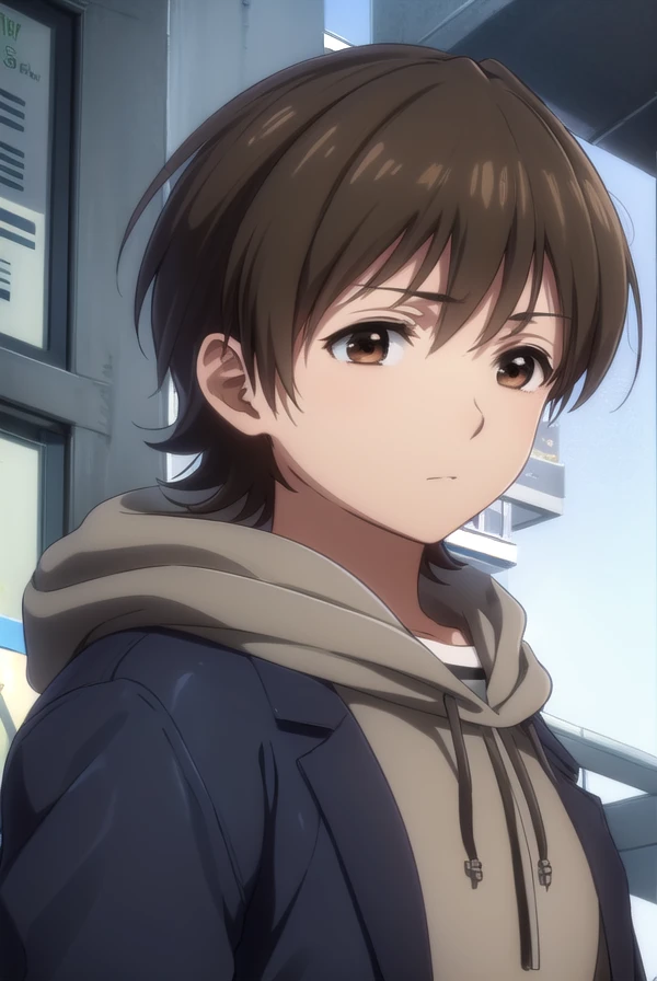 rentaroufutaba, <lora:rentarou futaba s1-lora-nochekaiser:1>,
rentarou futaba, short hair, brown hair, (brown eyes:1.5), male focus,
BREAK long sleeves, jacket, open clothes, hood, open jacket, hoodie, hood down,
BREAK outdoors, city,
BREAK looking at viewer, (cowboy shot:1.5)
BREAK <lyco:GoodHands-beta2:1>, (masterpiece:1.2), best quality, high resolution, unity 8k wallpaper, (illustration:0.8), (beautiful detailed eyes:1.6), extremely detailed face, perfect lighting, extremely detailed CG, (perfect hands, perfect anatomy),