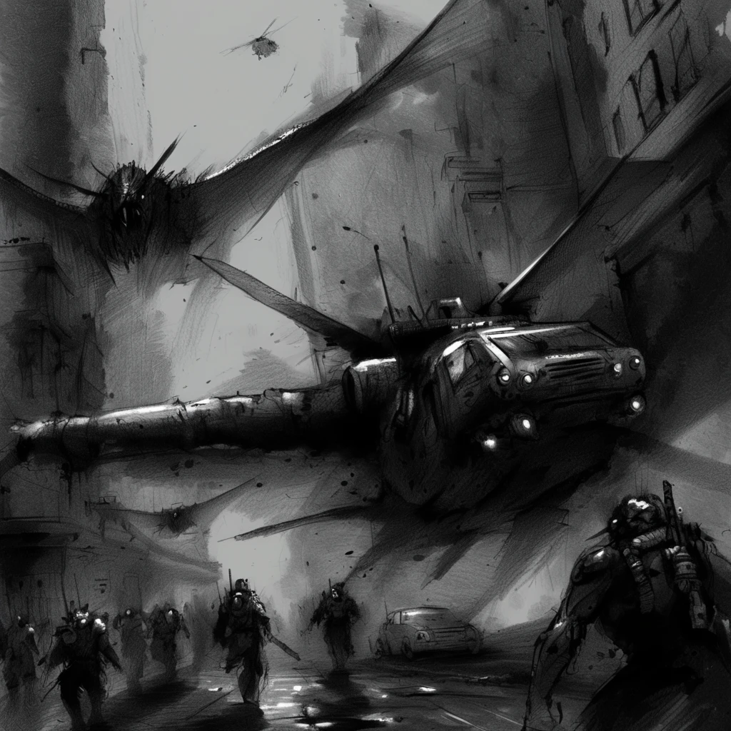 drawix8 invasion of the oppressors, vehicles flying down the big city, dark atmosphere, terror, expressive <lora:drawix8:1>