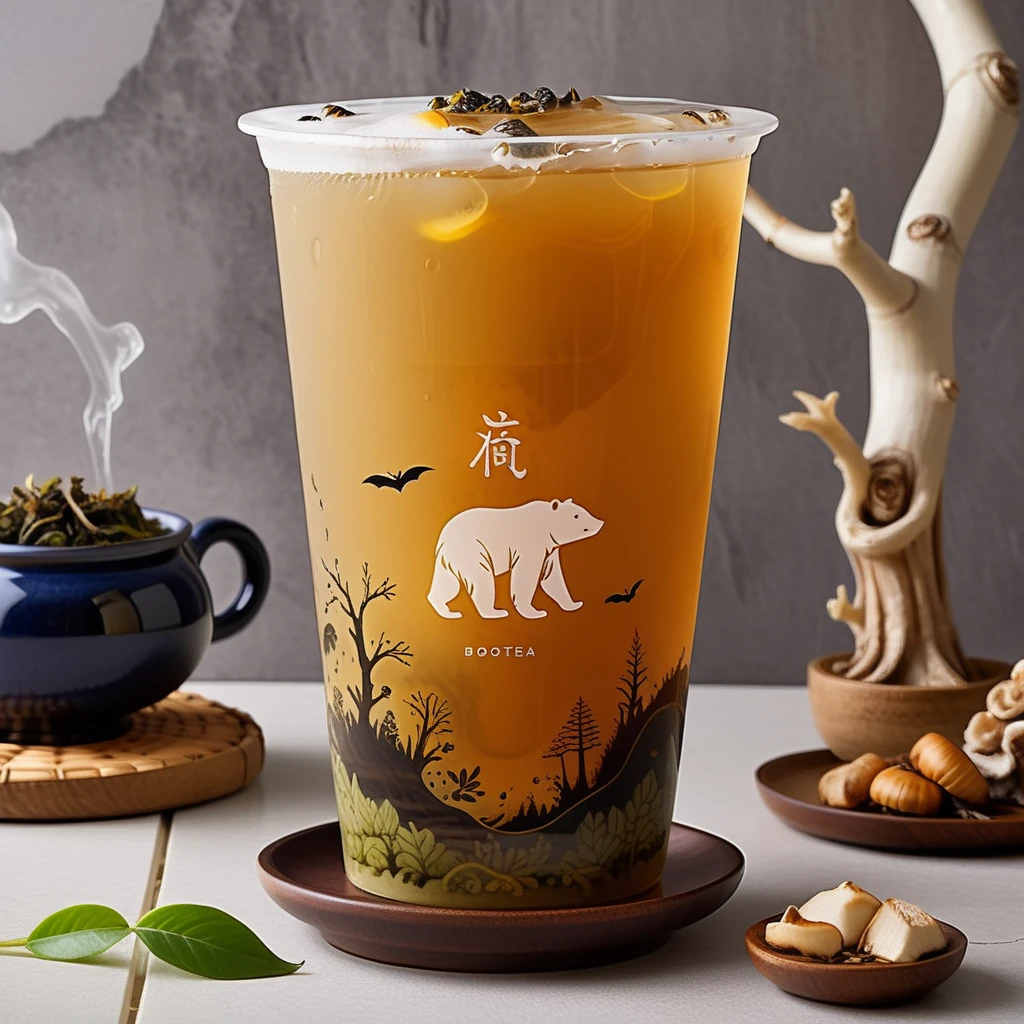 Generate an image in a photorealistic style featuring a cup of tea with a unique and whimsical twist. Inside the tea, instead of traditional leaves, imagine an intricate composition made of mushrooms, bats, lizards, and scorpions, all blending seamlessly to create a captivating, natural scene within the liquid. The cup, classic in design, bears the distinctive text 'BOBOTEA' elegantly inscribed on its side. The focus is on the vivid details and textures of the creatures, the translucency of the tea, and the precision of the lettering, all under soft, natural lighting to enhance the realism and fantasy blend, <lora:tteaw:0.8>