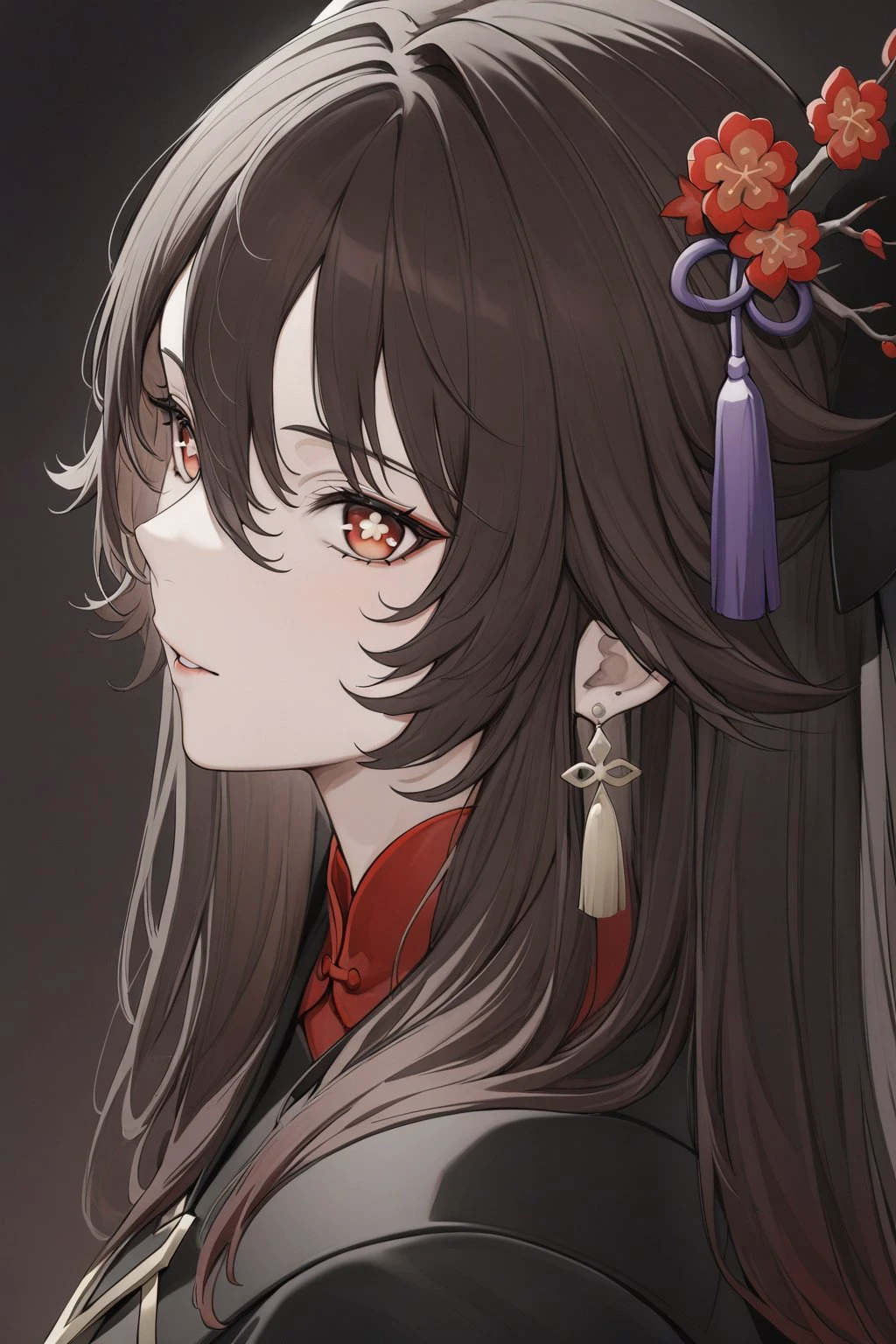 masterpiece, best quality, 1girl, solo, bangs, hu tao, genshin impact, marumoru_style, hair ornament, brown hair, jewelry, red eyes, earrings, profile, portrait, looking at viewer, flower shaped pupils