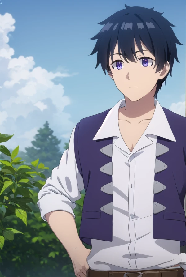 hirakumachio, <lora:hiraku machio s1-lora-nochekaiser:1>,
hiraku machio, black hair, hair between eyes, blue hair, (purple eyes:1.1), male focus,
BREAK shirt, white shirt, belt, vest, sleeves rolled up,
BREAK outdoors, farm, crops, plants, trees, grass, sun, sky, clouds,
BREAK looking at viewer, (cowboy shot:1.5)
BREAK <lyco:GoodHands-beta2:1>, (masterpiece:1.2), best quality, high resolution, unity 8k wallpaper, (illustration:0.8), (beautiful detailed eyes:1.6), extremely detailed face, perfect lighting, extremely detailed CG, (perfect hands, perfect anatomy),