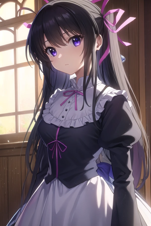 kirayurasakurazuki, <lora:kira yura sakurazuki s1-lora-nochekaiser:1>,
kira yura sakurazuki, long hair, black hair, (purple eyes:1.1), hair ribbon, antenna hair, twintails, (pink ribbon:1.2),
BREAK long sleeves, puffy sleeves, juliet sleeves, frills, dress, black dress,
BREAK indoors,
BREAK looking at viewer, (cowboy shot:1.5)
BREAK <lyco:GoodHands-beta2:1>, (masterpiece:1.2), best quality, high resolution, unity 8k wallpaper, (illustration:0.8), (beautiful detailed eyes:1.6), extremely detailed face, perfect lighting, extremely detailed CG, (perfect hands, perfect anatomy),