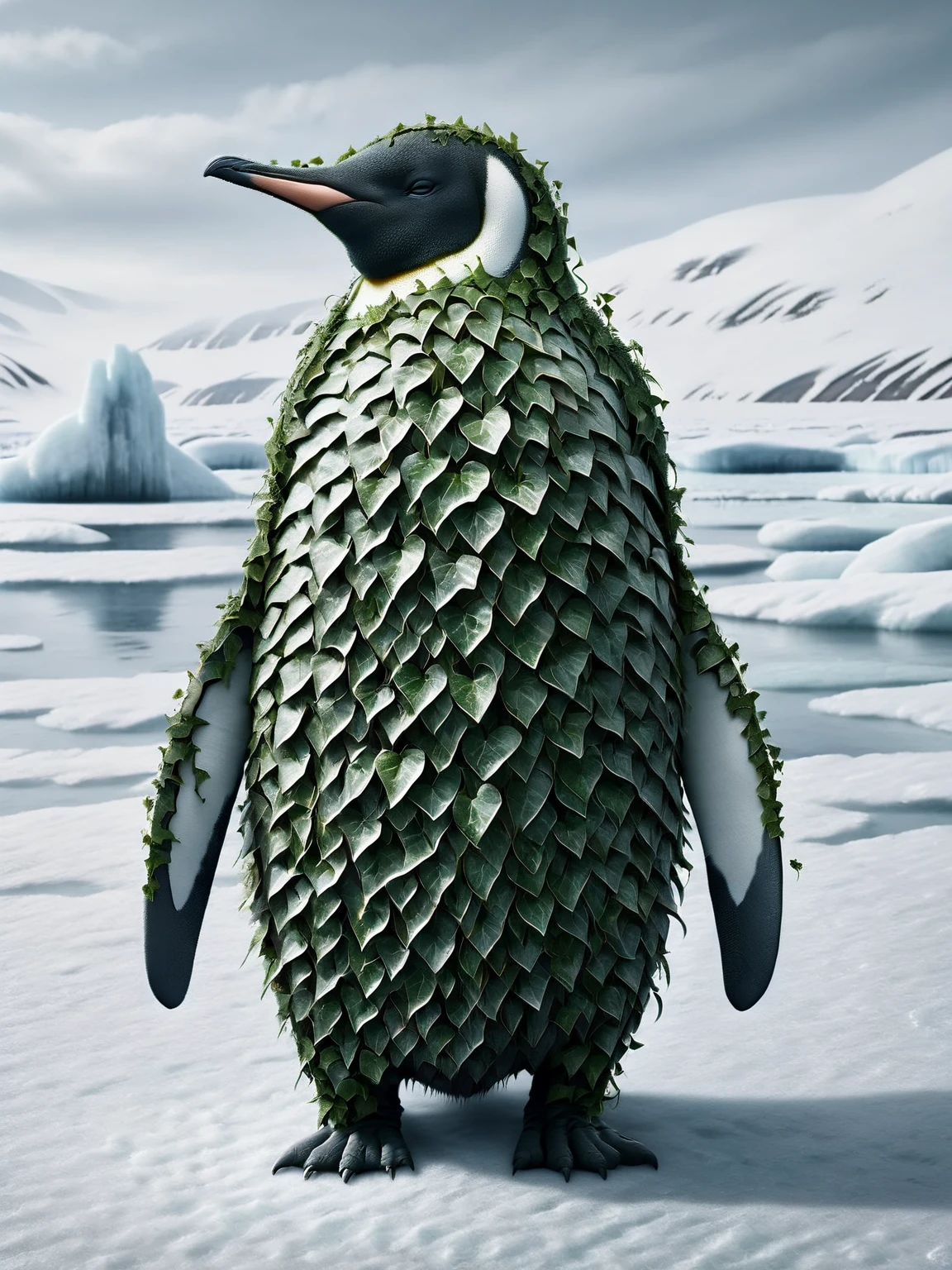 An ais-ivy penguin, standing on the frozen tundra <lora:ais-ivy-sdxl:1>