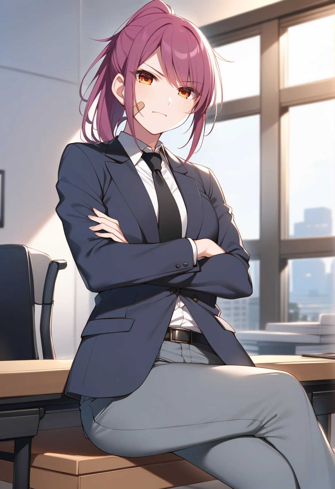 toosaka asagi, airisubaka, best quality, indoors, office, 1girl, solo, LeahAirisubaka, bandaid on cheek, short hair, ponytail, <lora:LeahAirisubakaAniXL_V1-Manityro-adamw:1>, toned, serious, looking at viewer, business suit, formal, grey jacket, white shirt, suit, grey pants, black necktie, crossed arms, crossed legs, on desk, sitting