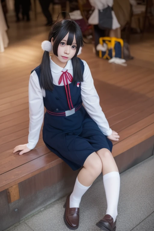 ltra-detailed,highly detailed,best quality,masterpiece,illustration,realistic,photorealistic,
tamako, kitashirakawa tamako, 1girl, solo, cosplay,
school uniform, pinafore dress, neck ribbon, belt, socks, loafers,
low twintails, ahoge, hair bobbles,
looking at viewer,
<lora:tamako_v1_05:1.0>