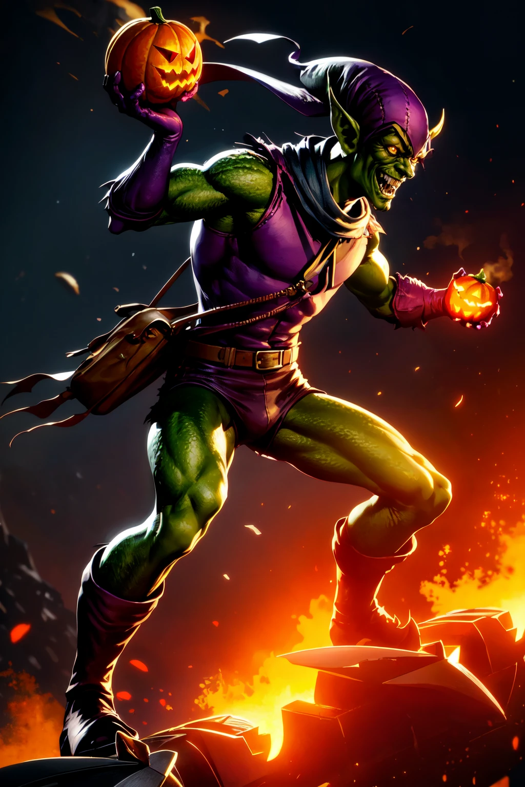 a man floating in the air, big city, rain, spotlights, buring bulildings, beautiful eyes, high detail skin, high detail eyes, high detail hair, highres, ultra detailed, sharpen picture, Highly detailed, masterpiece, best quality, photorealistic,
<lora:Green goblinLoRA:0.8> hat, colored skin, goblin, pointy ears, sleeveless, tunic, 1boy, top, gloves, bag, boots, fangs, sharp teeth, shorts, explosive, glider, pumpkin, holding grenade, belt, smoke, glowing, torn clothes, fire, scarf