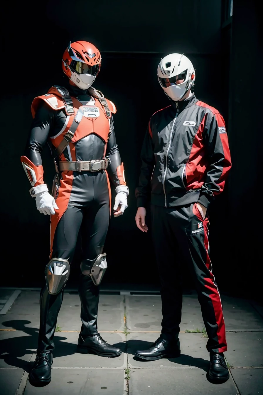 (masterpiece), best quality, perfect, ((2 men)), full body, suit, masked, helmet, SPD, <lora:SPD-02:0.85>