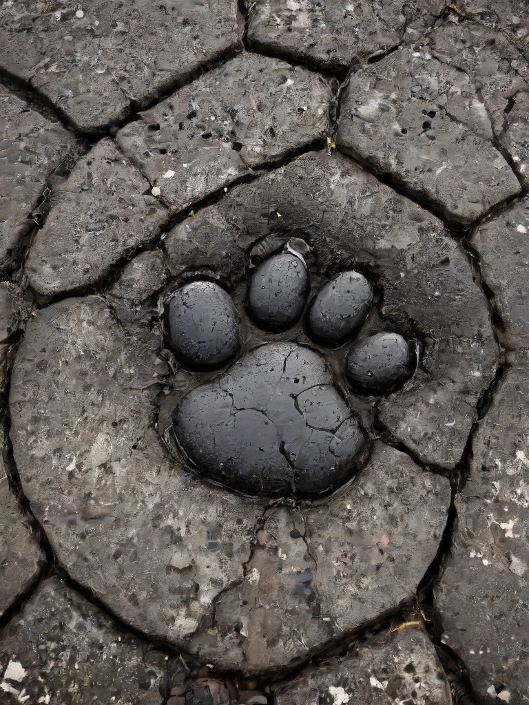 a (paw shaped:1.1) black pothole with cracks and pebbles , <lora:- SDXL - blk_weathered_asp_V1.0:.8>