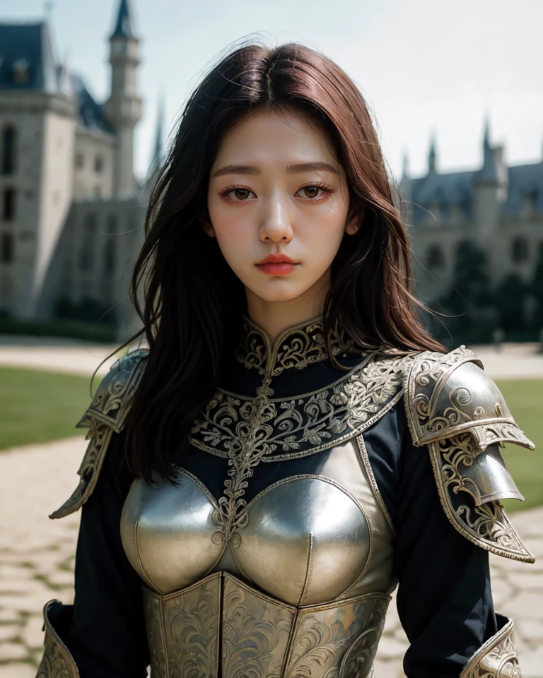 (masterpiece), (extremely intricate:1.3),, (realistic), portrait of a girl, the most beautiful in the world, (medieval armor), metal reflections, upper body, outdoors, intense sunlight, far away castle, professional photograph of a stunning woman detailed, sharp focus, dramatic, award winning, cinematic lighting, octane render, unreal engine, volumetrics dtx, (film grain, bokeh, blurry foreground, blurry background), crest on chest, <lora:ParkShinHye:0.6> parkshinhye,