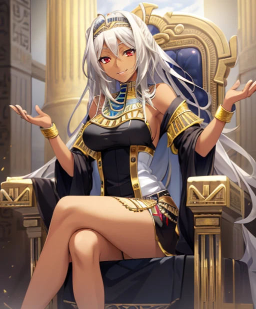 ancient Egyptian queen sitting on her throne, admiring the viewer, royal attire, ornate jewelry and royal headdress, hieroglyphic patterns on the walls, soft ambient light highlighting her features, (best quality, high resolution, masterpiece: 1.2), vibrant colors, subtle chiaroscuro effect, with a snake around her arm, full body, white hair, detailed eyes, detailed face, beautiful.