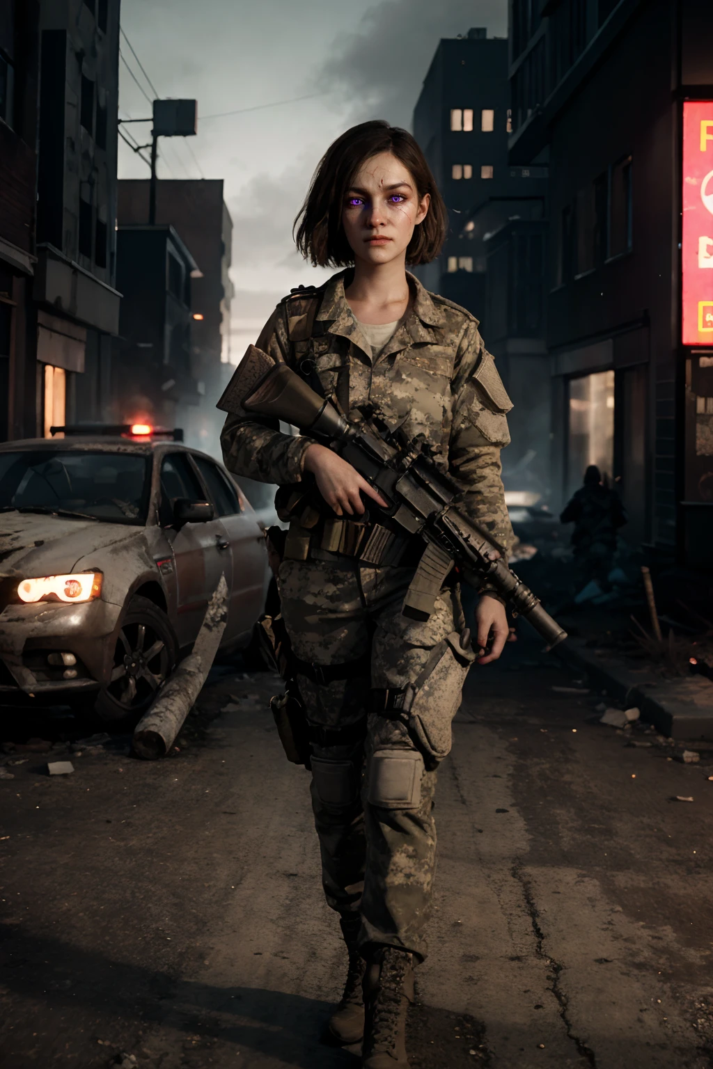 8k,highres,  ((full bodyshot)), highly detailed, 1girl,, multiple boys,  in a abandoned city street , surrounded by zombies , wearing military gear,  (holding a weapon), looking at the viewer, short wavy brown hair,,  sammaxis,    SFW    <lora:Samantha Maxis -000009:.4>   <lora:BetterGuns-V1:0.8>