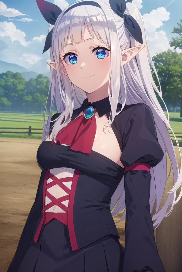 rurushiru, <lora:rurushi ru s1-lora-nochekaiser:1>,
rurushi ru, long hair, blue eyes, hairband, pointy ears, two side up, white hair, smile,
BREAK dress, puffy sleeves, black dress, ascot, brooch, skirt, long sleeves, pantyhose, pleated skirt, puffy sleeves, black skirt, black hairband, red pantyhose,
BREAK outdoors, farm, crops, plants, trees, grass, sun, sky, clouds,
BREAK looking at viewer, (cowboy shot:1.5)
BREAK <lyco:GoodHands-beta2:1>, (masterpiece:1.2), best quality, high resolution, unity 8k wallpaper, (illustration:0.8), (beautiful detailed eyes:1.6), extremely detailed face, perfect lighting, extremely detailed CG, (perfect hands, perfect anatomy),