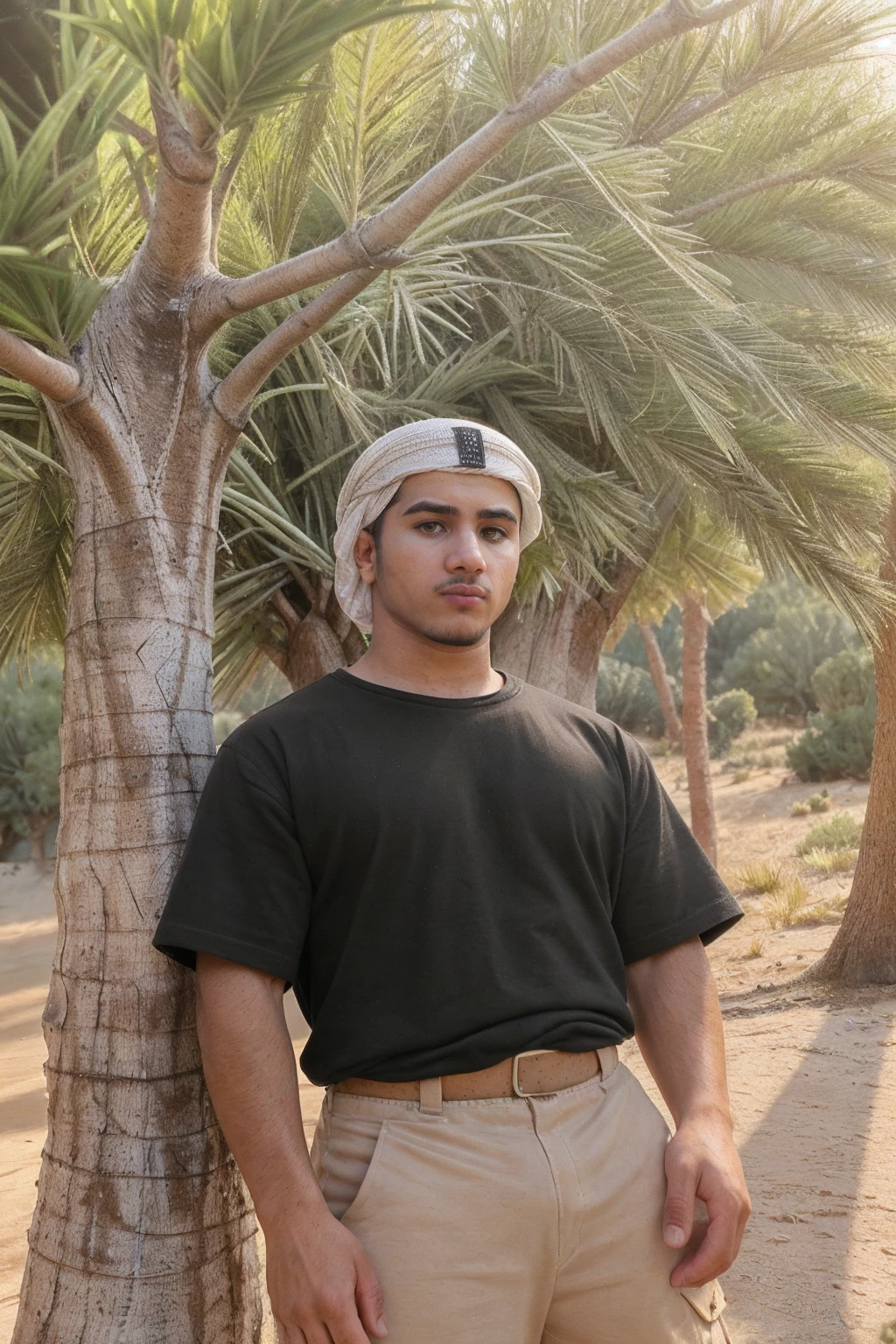 <lora:fmounshed-14:0.8> photo of fmounshed man wearing cargo shorts and (compression) shirt, (keffiyeh) BREAK natural soft light filtered through the trees, lush oasis at the edge of a desert, golden hour