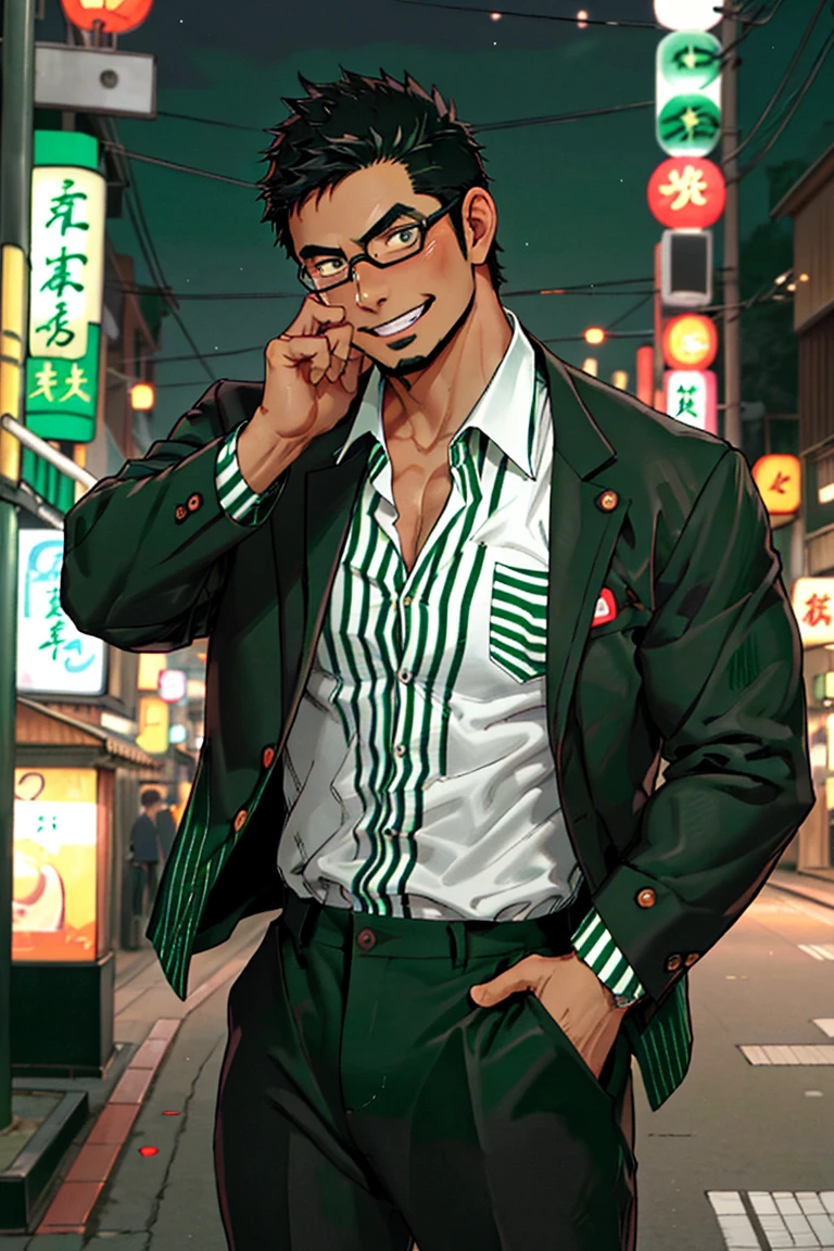 (1 image only),  solo male,  bara,  Kyoichi Ootomo,  Live A Hero,  Asian,  Japanese,  hero,  short hair,  black hair,  green streaked hair,  sideburns,  black eyes,  facial hair,  goatee,  (wore glasses),  tan skin,  white bandaid on nose,  glasses,  (pure black jacket:1.3),  (complete white/green striped collared shirt,  tucked in shirt:1.3),  black pants,  black leather shoes,  smile,  blush,  mature,  handsome,  charming,  alluring,  standing,  upper body,  perfect anatomy,  perfect proportions,  (best quality,  masterpiece),  (perfect eyes,  perfect eye pupil),  perfect hands,  high_resolution,  dutch angle,  night at Tokyo city street,<lora:EMS-295219-EMS:0.600000>,<lora:EMS-498-EMS:0.200000>