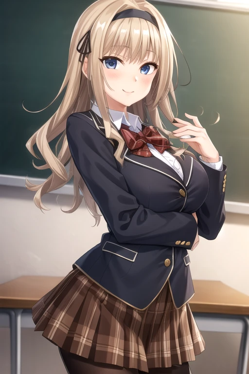 ((masterpiece)),(best quality),official art,extremely detailed CG,unity 8k wallpaper,ultra detailed,beautiful detailed eyes,extremely detailed face,classroom,1girl,solo,cowboy shot,looking at viewer,facing viewer,smile,long wavy blond hair,black hairband,black ribbon,sidelocks,bangs,blue eyes,school uniform,blazer,black jacket,wing collar,red bowtie,sweater,collared shirt,white shirt,button,long sleeves,large breasts,brown skirt,plaid skirt,black pantyhose,loafers,<lora:Shinonome Saya(nl):0.8>,