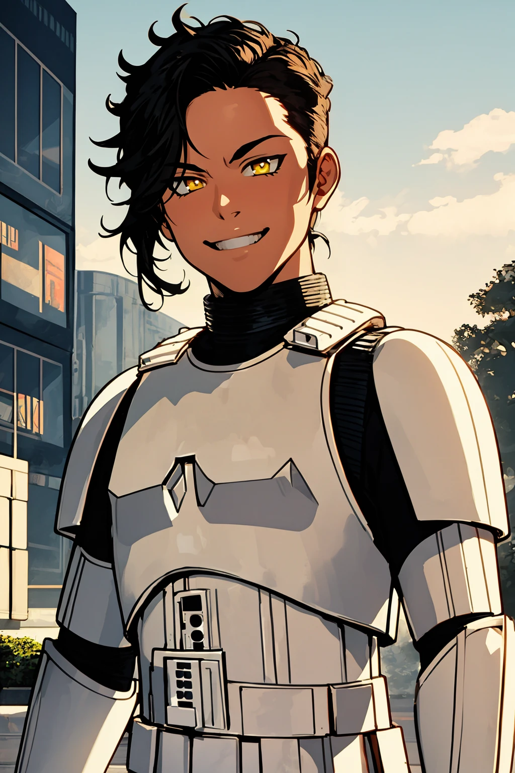 masterpiece, best quality, 1boy, blakc hair, yellow eyes, stormtrooper, armor, upper body, looking at viewer, smile, solo, outdoors <lora:Stormtrooper:1>