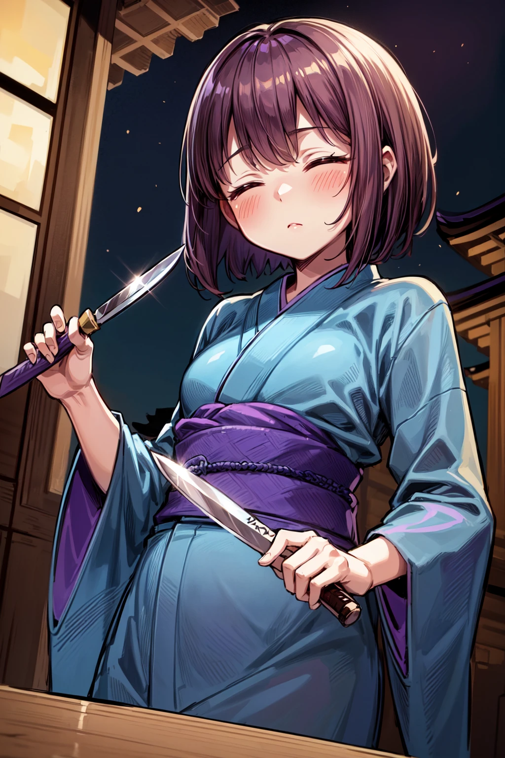 masterpiece,best quality,1girl,frisk,fanon,brown hair,short hair,bangs,(closed eyes,-_-),(blue kimono,purple trim,purple obi:1.3),(holding,holding knife,knife),expressionless,east asian architecture,night,<lora:Concept-control tool-add_detail-CyberAIchemist:0.9>,<lora:frisk:0.9>,