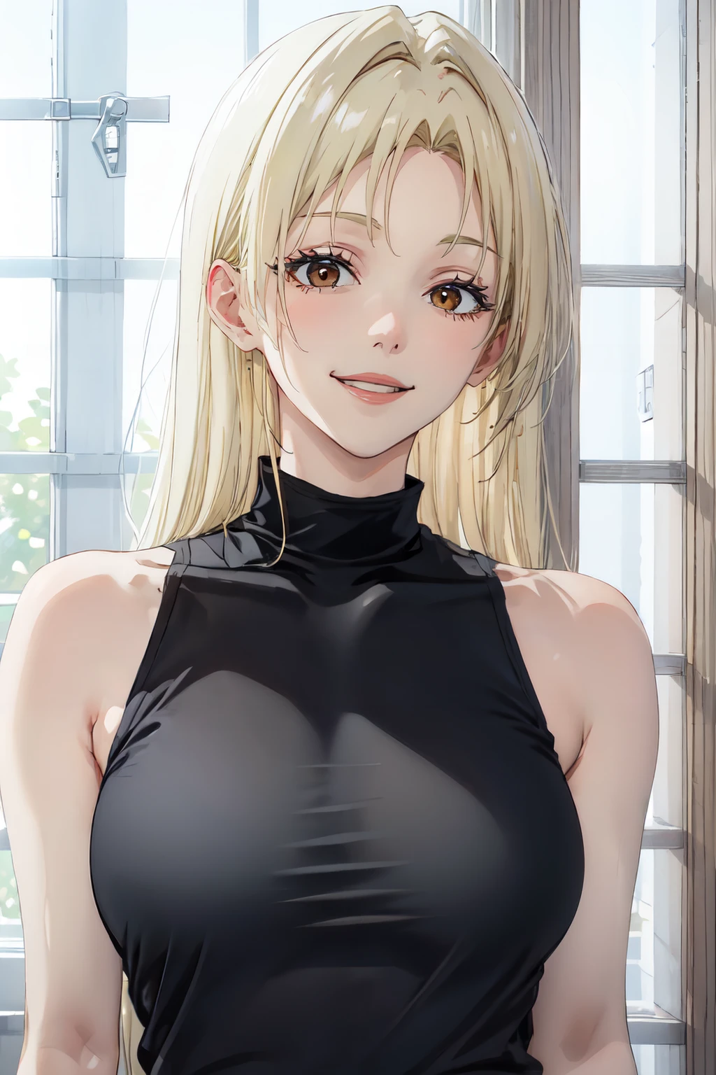 yukitsukumo,brown eyes, blonde hair, 1girl, solo, breasts, smile, looking at viewer, sleeveless, large breasts, shirt, window, black shirt, upper body, bare shoulders, bangs <lora:yuki_tsukumo_v1:1>