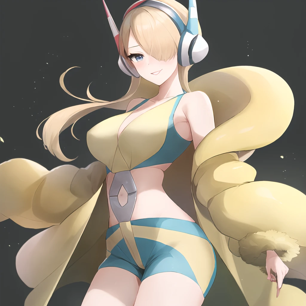 masterpiece, best quality, highly detailed, 1girl, solo, cynthia_pokemon,
one eye covered, hair over one eye, blonde hair, blue eyes, pink lips, hair ornament, large breasts, seductive smile, long hair, grey eyes, blush,
simple background, contrapposto, hand on hips,
<lora:cynthia_pokemon:0.9> <lora:elesa_oufit_bw2-10:1> (elesa_outfit_bw2:1.4), headphones, headgear, navel, fur coat, yellow coat, open coat, coat, jacket, yellow jacket, open jacket, crop top, shorts, short shorts