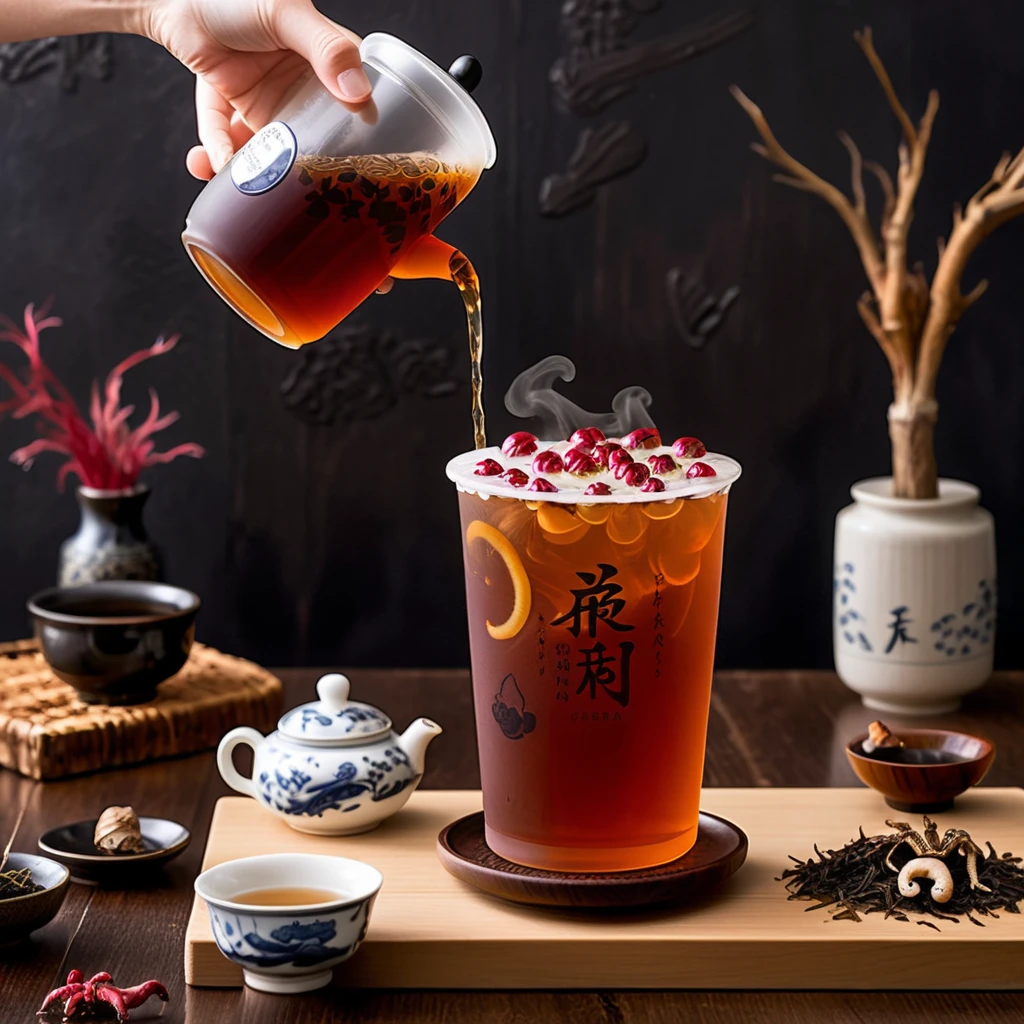 Create an image in a realistic style featuring a cup of red tea, intricately blended with various traditional Chinese herbs, mushrooms, bats, lizards, and scorpions. The ingredients are visually distinct, floating within the tea, showcasing their unique textures and colors against the deep, amber liquid. The cup, classic in design, has the word 'BOBOTEA' elegantly inscribed on its side, with the font style adding a touch of sophistication. The composition captures the complex and exotic nature of the tea, presented on a simple wooden table to enhance the naturalistic feel, <lora:tteaw:0.8>