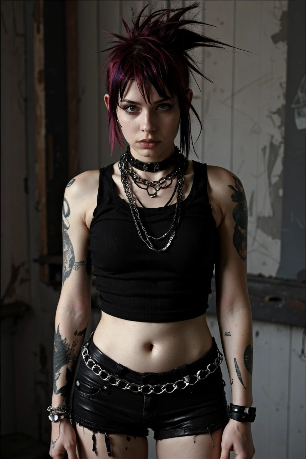 punk outfit, colored Mohawk hair, chain necklace, atmospheric, cinematic, high detail, masterpiece <lora:G0thG1rl_sd15_style_gpt_trigger:0.75> g0thg1rl