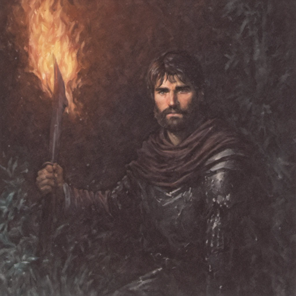 Corluka, mtg art style, pale skin, upper part in frame, knight male, near the bonefire, black beard, thick beard, medieval clothing, dark clothes, long sleeves, short hair, sitting near bonefire, face with wrinkles, bruises under the eyes, night dark forest, starry sky, (((film grain))), (warm colors), 1990s fantasy art, (by Jeff Easy, by Julie Bell), solo, 1man <lora:corluka_sdzl:1> <lora:mtg_art_style_sdxl:1>