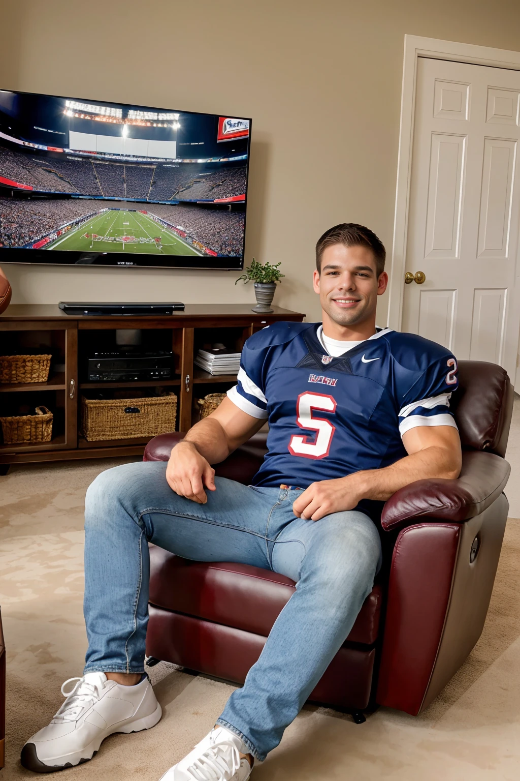 living room, watching football game on TV, sitting in a recliner, excited, DerekAtlas, wearing football jersey, blue jeans, sneakers, exuberant <lora:DerekAtlas:0.8>