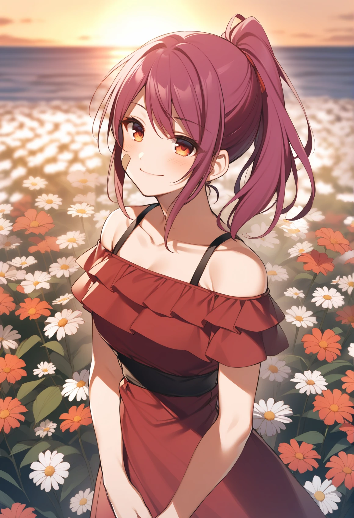 toosaka asagi, airisubaka, best quality, outdoors, flower field, sunset, 1girl, solo, LeahAirisubaka, bandaid on cheek, short hair, ponytail, <lora:LeahAirisubakaAniXL_V1-Manityro-adamw:1>, toned, smile, blush, looking at viewer, red dress, red ribbon, off-shoulder dress, summer dress, frills