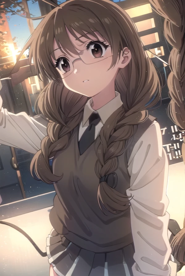 koiuichigusa, <lora:koi ui chigusa s1-lora-nochekaiser:1>,
koi ui chigusa, brown hair, (brown eyes:1.5), glasses, braid, hair braid, single braid, hair over shoulder,
BREAK skirt, school uniform, necktie, sweater vest,
BREAK indoors,
BREAK looking at viewer, (cowboy shot:1.5)
BREAK <lyco:GoodHands-beta2:1>, (masterpiece:1.2), best quality, high resolution, unity 8k wallpaper, (illustration:0.8), (beautiful detailed eyes:1.6), extremely detailed face, perfect lighting, extremely detailed CG, (perfect hands, perfect anatomy),