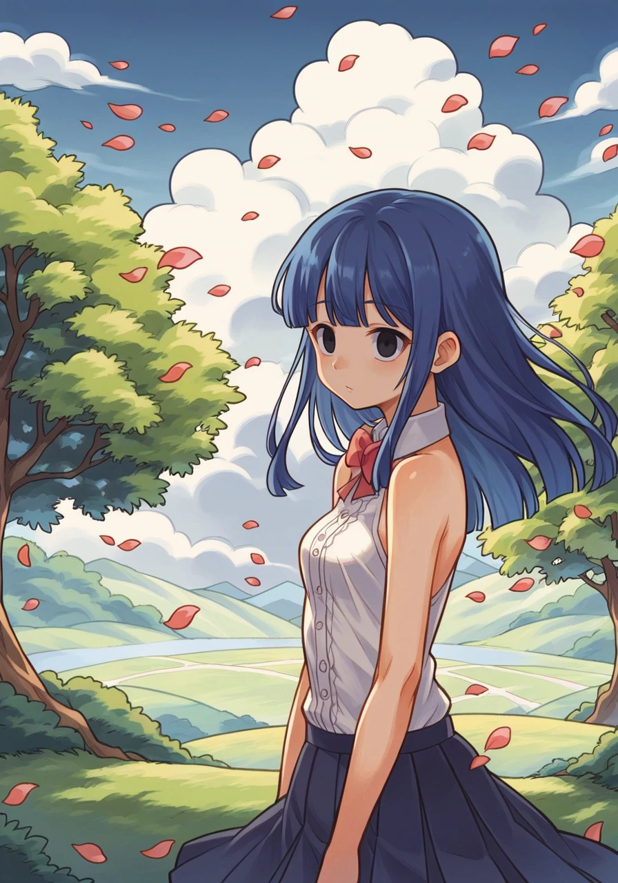 score_9, score_8_up, score_7_up, score_6_up, high quality, masterpiece, 8k, highres, detailed,
pixiv, hyper detailed, masterpiece, best quality, ultra-detailed, illustration, 1 girl, solo, an extremely delicate and beautiful, little girl, beautiful detailed sky, beautiful detailed eyes, side blunt bangs, hairs between eyes, ribbons, bowties, bare shoulders, small breasts, blank stare, pleated skirt, close to viewer, breeze, Flying splashes, Flying petals, wind, forest, epic clouds, (fine fabric emphasis:1.4),(watercolor:0.6), black eyes, blue hair