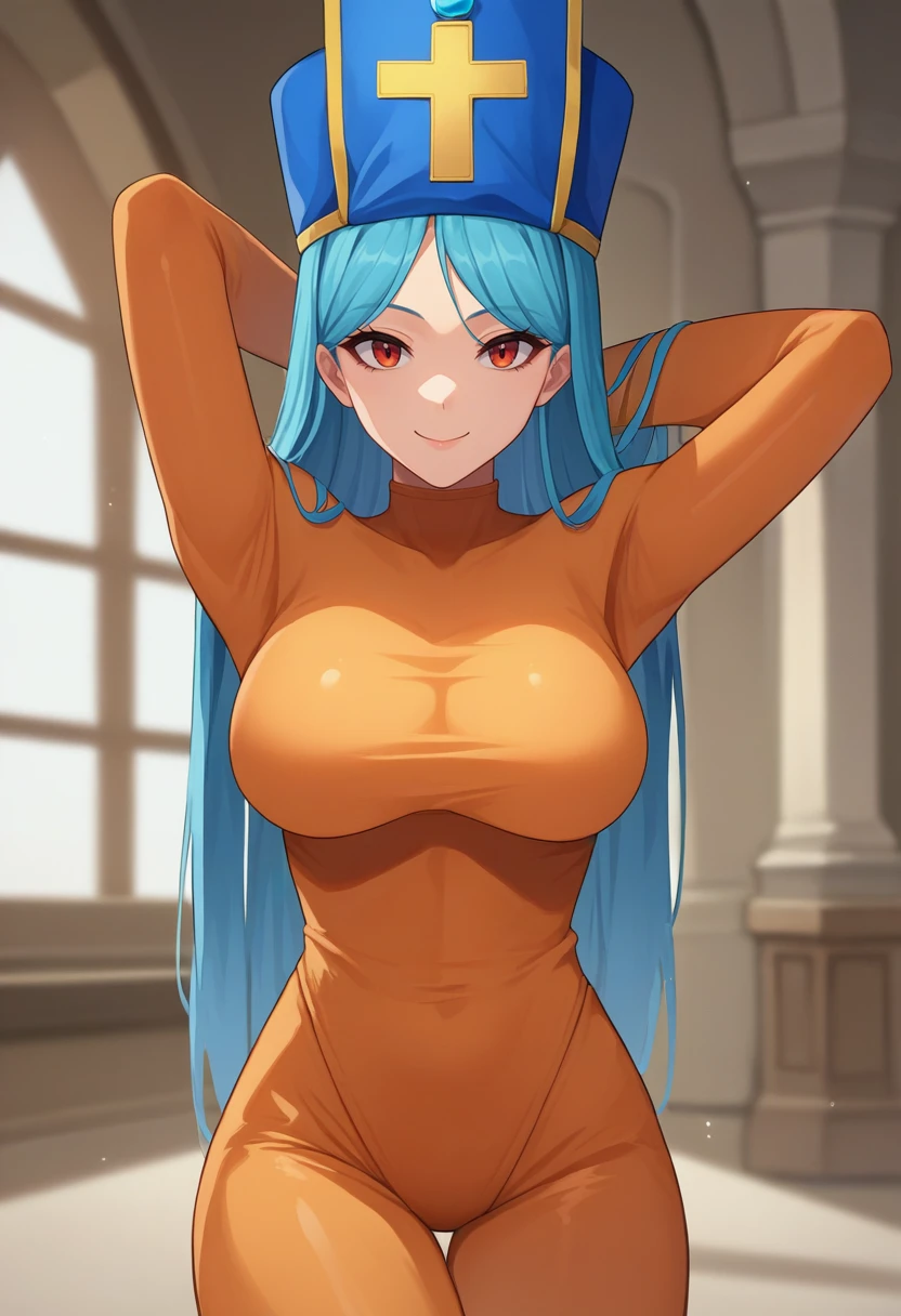 score_9, score_8_up, score_7_up, source_anime, rating_safe, solo, 1girl, dq3priest, seductive smile, looking at viewer, arms behind head, hat, orange bodysuit, large breasts, indoors <lora:dq3_priest_ponyXL:1>