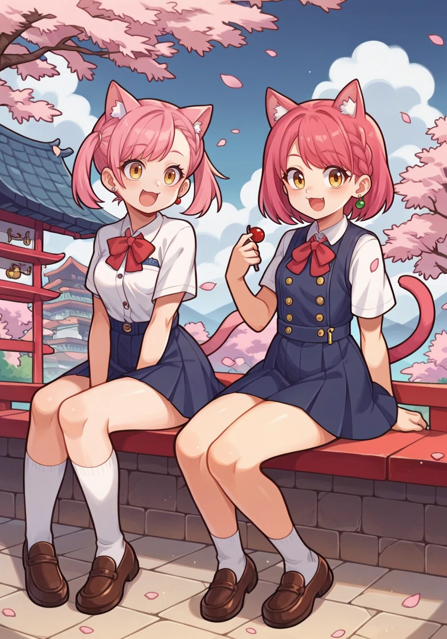 score_9, score_8_up, score_7_up, score_6_up, high quality, masterpiece, 8k, highres, detailed,
pixiv, hyper detailed, masterpiece, best quality, cute, 2girls, cat ears, pink hair, yellow eyes, braid, spiked hair, halterneck, loafers, buttons, zipper, earrings, cherry blossoms