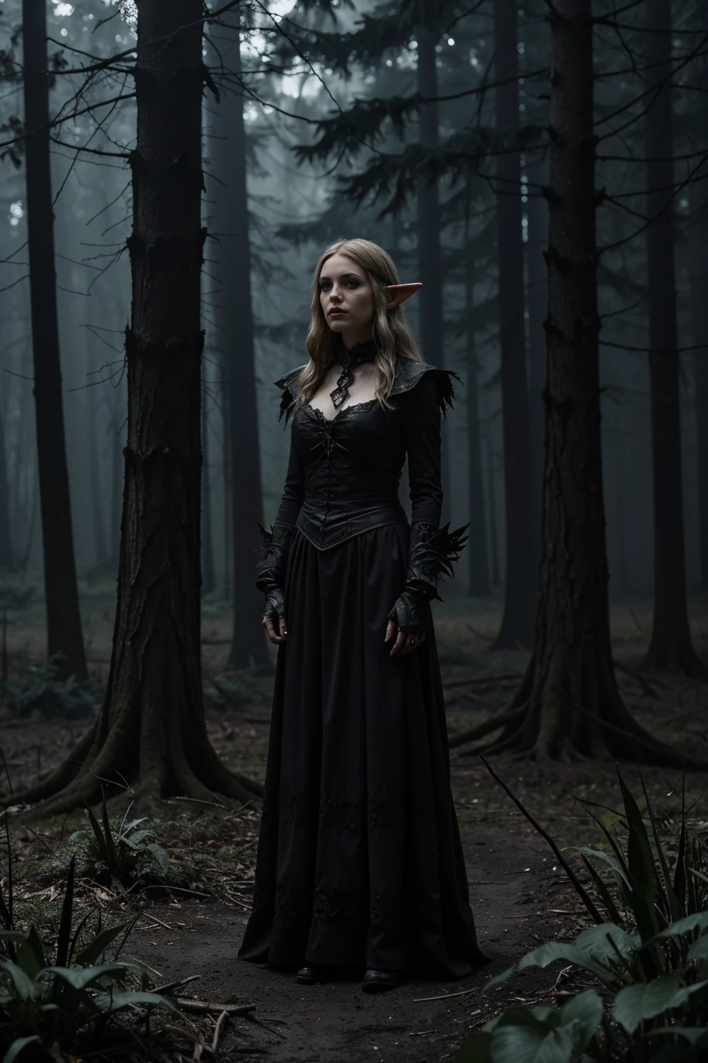 female elf mage at night in the forest, atmospheric, cinematic, high detail, masterpiece , gothic <lora:G0thG1rl_sd15_style_v3:0.65> g0thg1rl