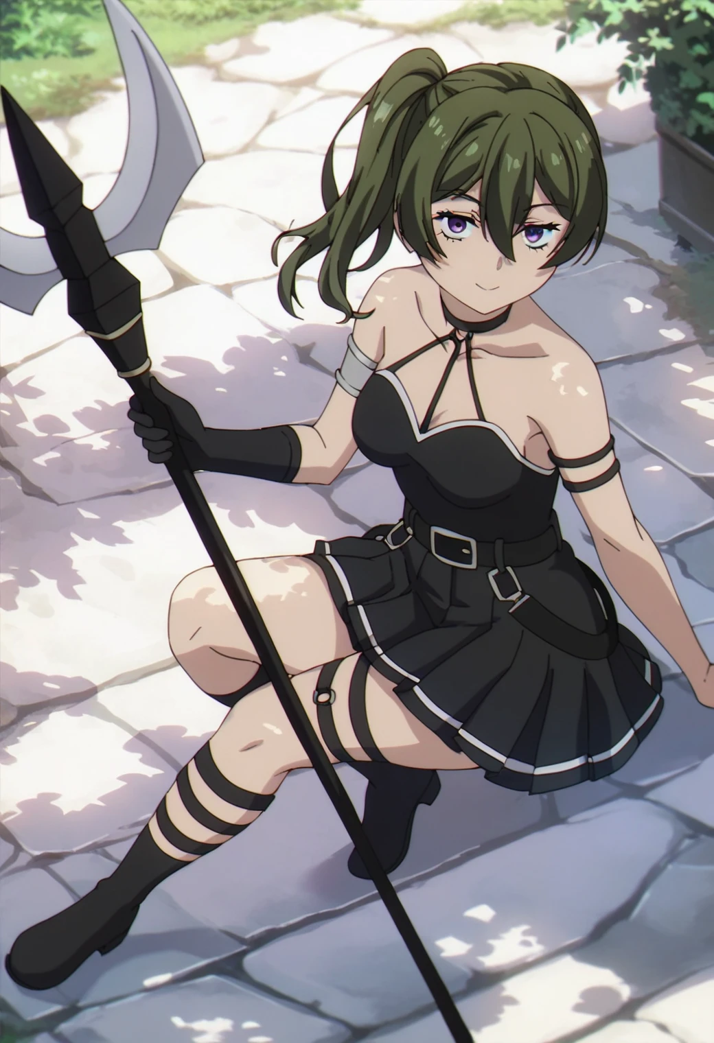 1girl, ubel, <lora:ubel_ponyxl_v1:0.9>, solo, green hair, side ponytail, purple eyes, BREAK
halterneck, black choker, armlet, arm strap, bare shoulders, black gloves, single glove, black dress, sleeveless dress, pleated dress, black belt, calflet, thigh strap, black footwear, BREAK
full body, polearm, holding polearm, BREAK
score_9, score_8_up, score_7_up, score_6_up, anime,
(high quality, detailed, beautiful), shiny, detailed beautiful eyes, outstanding, countershading, detailed soft lighting