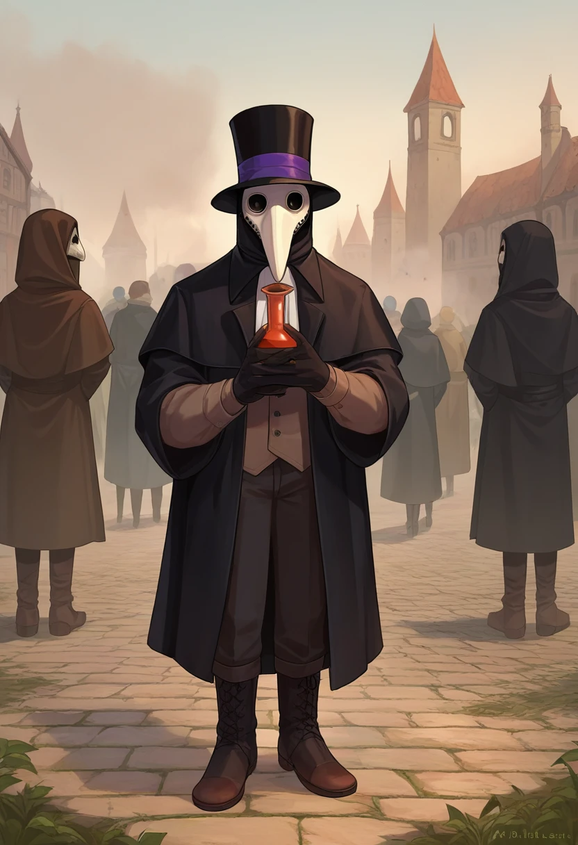 score_9, score_8_up, score_7_up, source_anime, rating_safe, surrounded by a crowd, 1boy, plague doctor, mask, holding round-bottom flask, top hat, black coat, black gloves, pants, boots, outdoors, medieval, fog <lora:generic_plaguedoctor_xl_ponyXL:1>