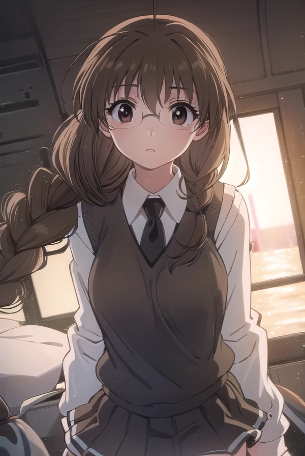koiuichigusa, <lora:koi ui chigusa s1-lora-nochekaiser:1>,
koi ui chigusa, brown hair, (brown eyes:1.5), glasses, braid, hair braid, single braid, hair over shoulder,
BREAK skirt, school uniform, necktie, sweater vest,
BREAK indoors,
BREAK looking at viewer, (cowboy shot:1.5)
BREAK <lyco:GoodHands-beta2:1>, (masterpiece:1.2), best quality, high resolution, unity 8k wallpaper, (illustration:0.8), (beautiful detailed eyes:1.6), extremely detailed face, perfect lighting, extremely detailed CG, (perfect hands, perfect anatomy),