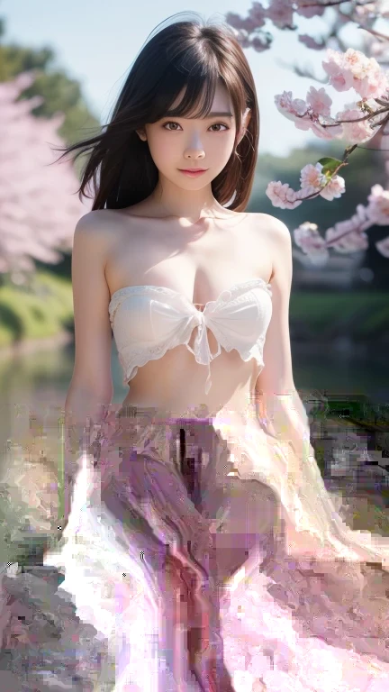Highest image quality High resolution A cute girl is completely naked and doing M-leg spread Cherry blossom background big breasts