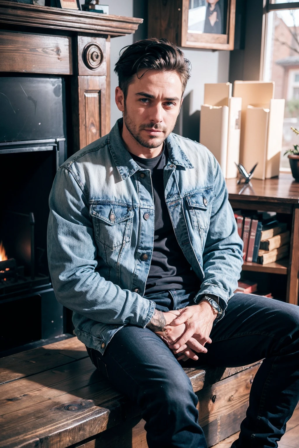 a man wearing Denim jacket and black jeans,( fireplace setting, deep canyon:0.7)   <lora:fic-Michael3:0.9>