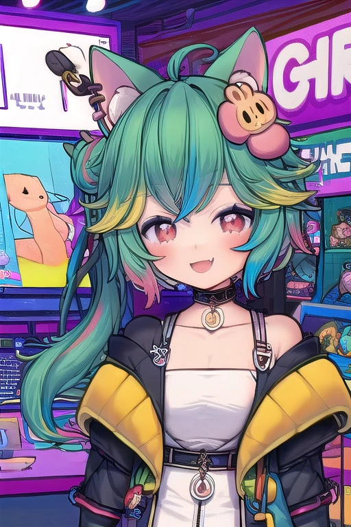 1girl, hood down, red eyes, solo, smile, virtual youtuber, hoodie, fang, hood down, heart, short hair, blush, sleeves past wrists, multicolored hair, looking at viewer, zipper, tube top, hair ornament, shoes, green hair, long sleeves, aqua hair, outdoors,rosedoodle_v4,add_detail:1, add_detail:0, add_detail:0.5