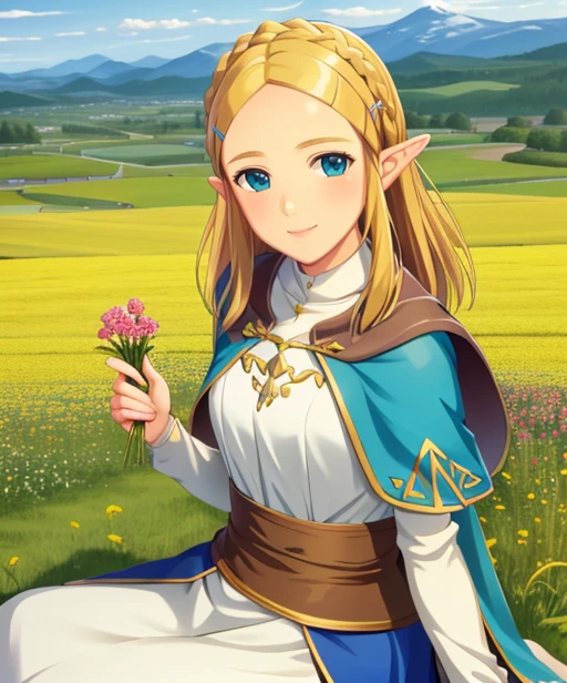 portrait, (adult woman), sitting, picking flowers, (1girl, solo), smile, (blonde hair), ((field, rolling hills)), (distant mountains), ((best quality, high detail)), ((masterpiece)), <lora:zelda_shorthair_v5:0.35> zelda\(princess\), hairclip, cape, <lora:1_ng_10e:1>