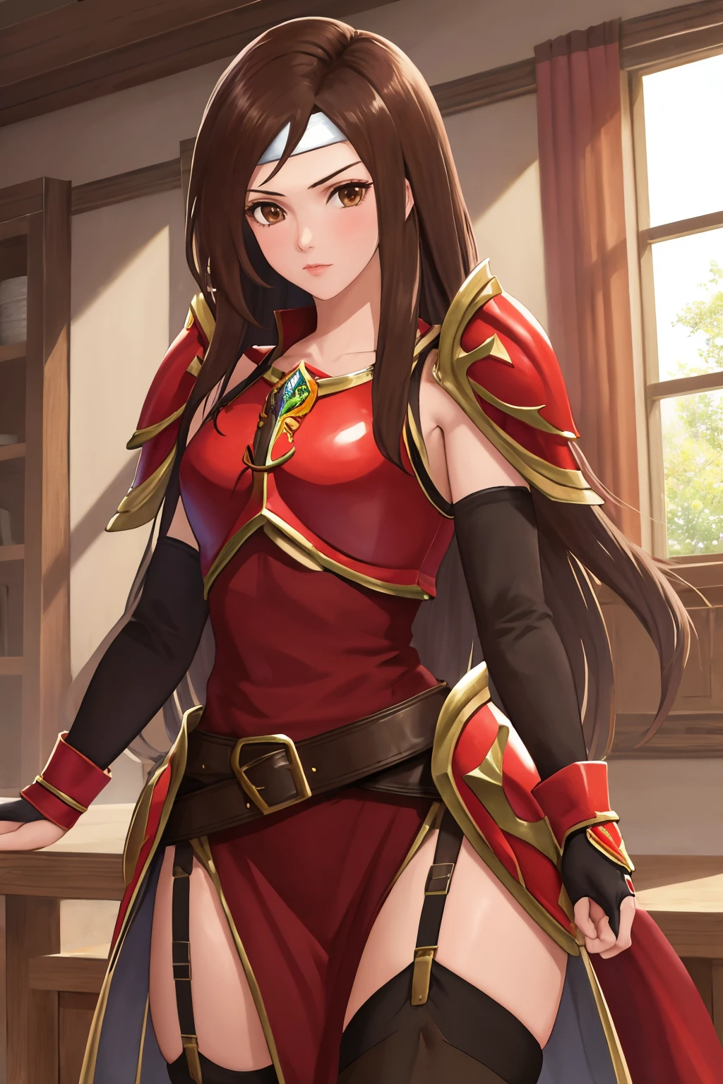 masterpiece, best quality, 1girl, solo, <lora:altena-fe-richy-v1:1> altena, headband, shoulder armor, breastplate, pelvic curtain, belt, bridal gauntlets, armguard, thighhighs, garter straps
