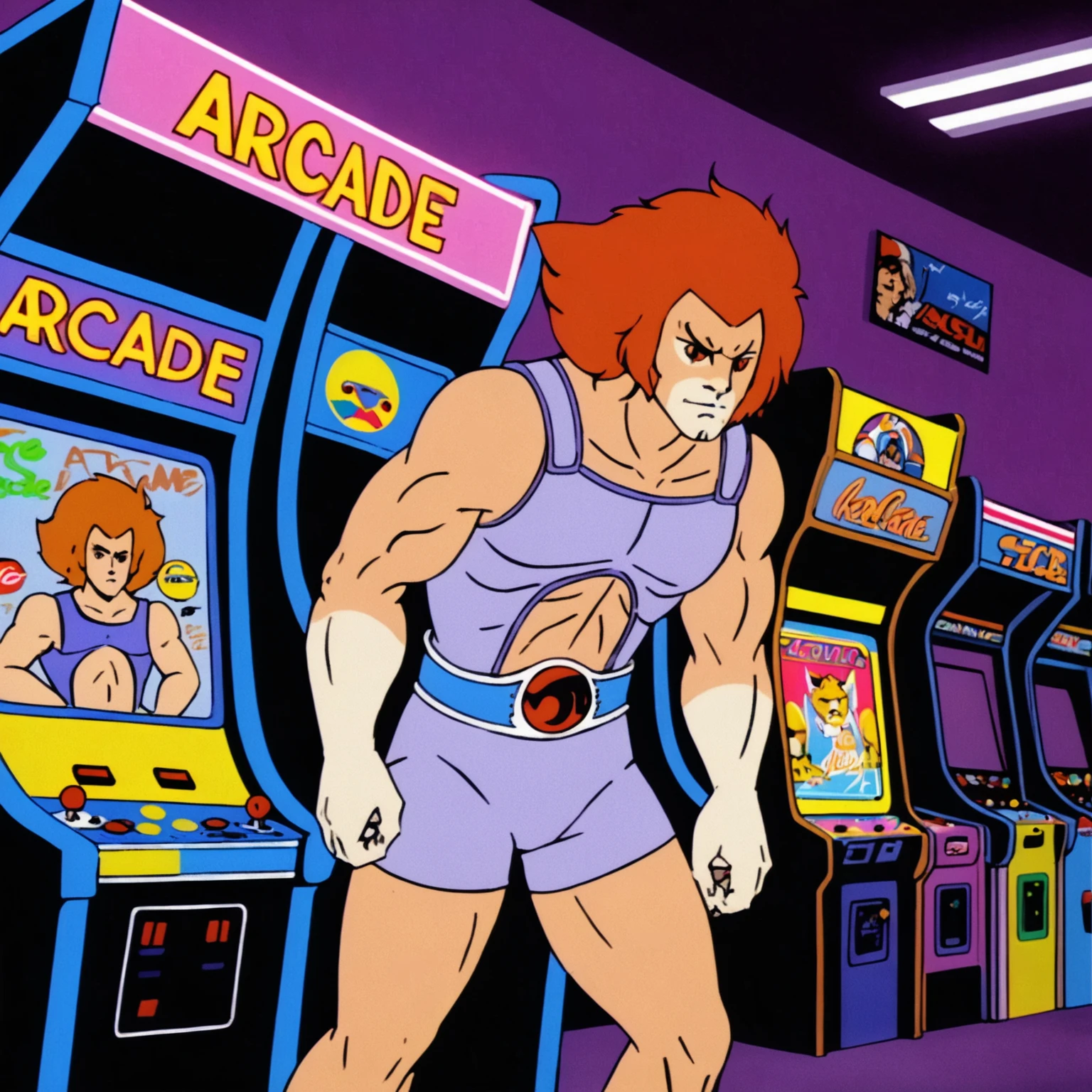 Lion-O man playing arcade inside a retro arcade store, vibrant neon colors, videogame posters, 2.5D, anime <lora:Lion-O-v1-000003:0.7>