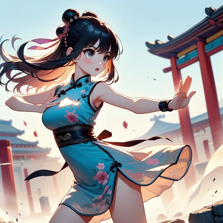 (((masterpiece))), (((best quality))), (((tsuuhaiken))), (((outstretched arms))), (((hand close to waist))), sidelocks, longhair, wristband, sleeveless, ((see through chiffon floral qipao)), fluttering skirt, wind, dust, steam, solo, 1girl, (((big tits))), ((ribbon)), open mouth, sweat, shy, blush, ((slim figure)), lace stockings, (((ancient china ruins))), <lora:girlliketsuuhaiken:1>,