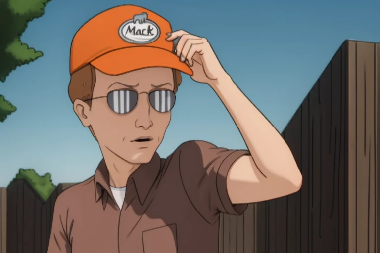 <lora:Dale Gribble - King of the Hill - 1997 - V1:0.85> Dale_Gribble, Orange_mack_track_tracker_hat, sunglasses, brown shirt, white undershirt, dirty blonde hair, bored, anime style, 8k, RAW photo, best quality, ultra high res, photorealistic, masterpiece, ultra-detailed, Unreal Engine<lora:LCM_SD15_2MB:1.0>