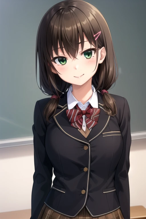 ((masterpiece)),(best quality),official art,extremely detailed CG,unity 8k wallpaper,ultra detailed,beautiful detailed eyes,extremely detailed face,classroom,1girl,solo,upper body,(portrait:1.5),looking at viewer,facing viewer,smile,long hair,brown hair,low twintails,hair ornament,hairclip,sidelocks,hair between eyes,green eyes,school uniform,blazer,black jacket,wing collar,red bowtie,sweater,collared shirt,white shirt,button,long sleeves,large breasts,brown skirt,plaid skirt,black thighhighs,zettai ryouiki,loafers,<lora:Sakaki Mio(nl):0.7>,