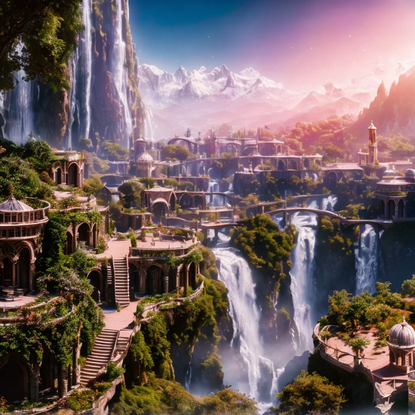(masterpiece:1.2), (best quality,:1.2), 8k, HDR, ultra detailed, ((photorealistic)), professional light, cinematic lighting, fashion photography, ambient lighting, atmospheric effects, a HighElf fantasy city, waterfall, mountains, cliff, <lora:HighElf-10:1>, epiCPhoto