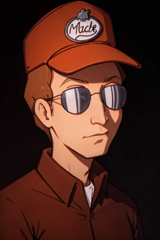 <lora:Dale Gribble - King of the Hill - 1997 - V1:0.85> Dale_Gribble, Orange_mack_track_tracker_hat, sunglasses, brown shirt, white undershirt, dirty blonde hair, bored, anime style,, fcPortrait_Force_Portrait, portrait, close up, looking at viewer,  portrait,  close up,<lora:LCM_SD15_2MB:1.0>