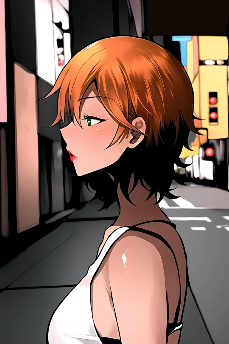 AS-Adult,blurry background,depth of field,1girl, ,fashion,gyaru,tan, <lora:kanako-terasumc_final:0.9> kanako_\(terasu_mc\),orange hair,short hair,green eyes,